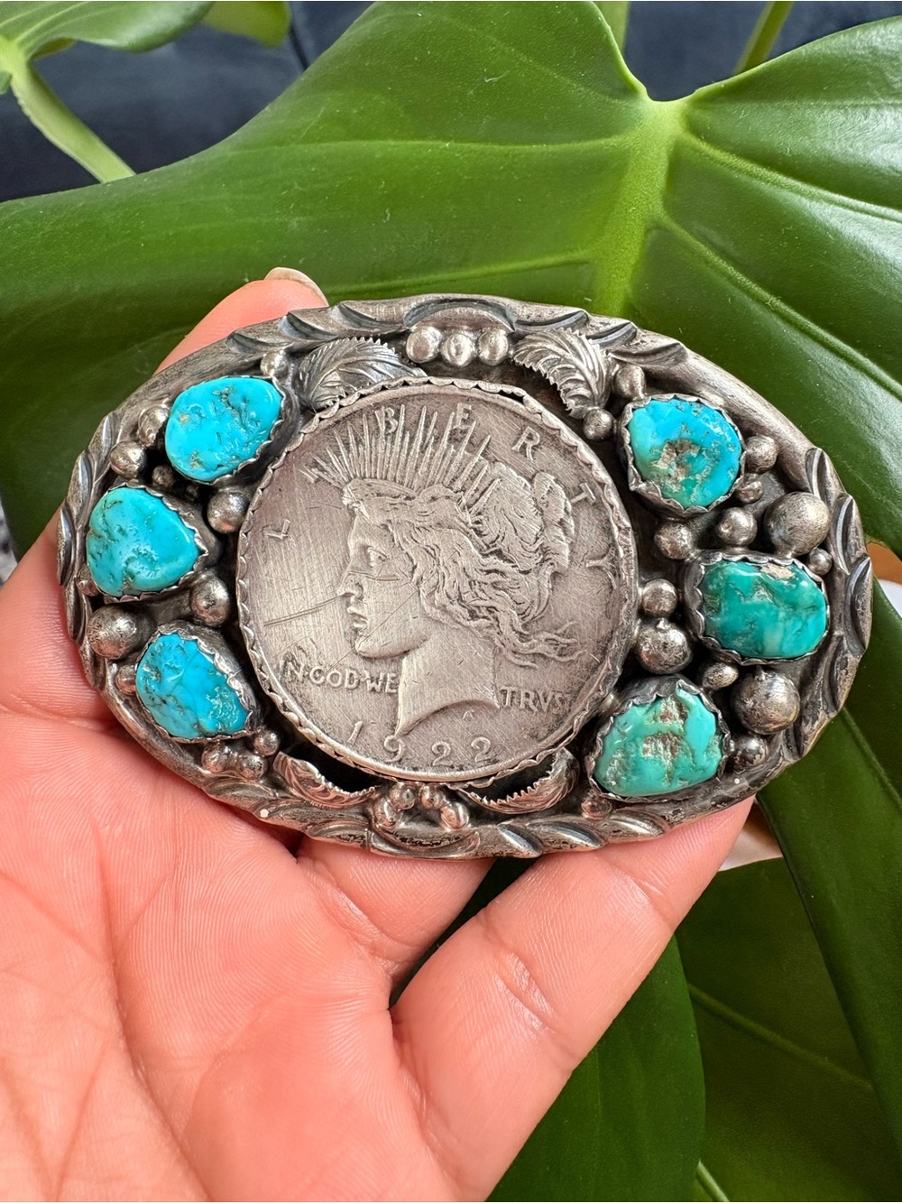 Native American Navajo 1922 Peace Dollar Turquoise Square Sterling Belt Buckle